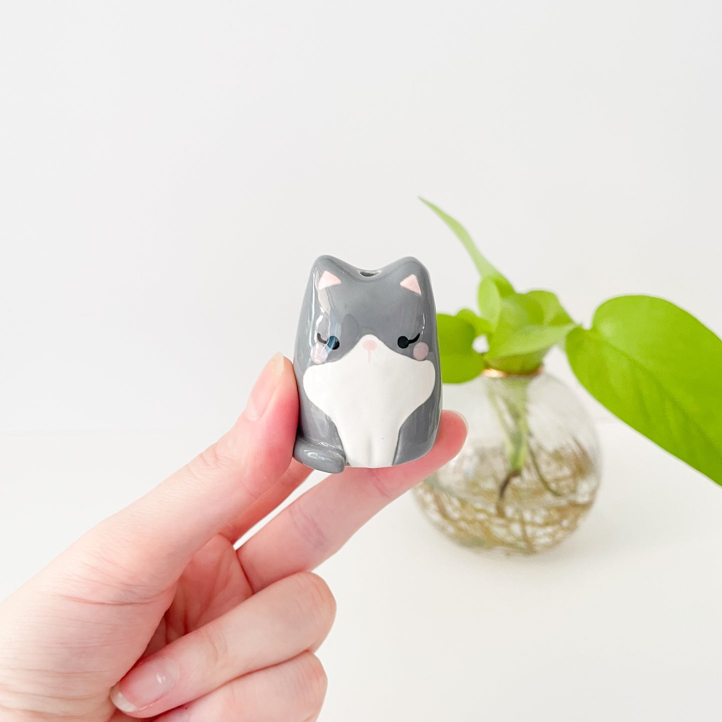 Grey Tuxedo Cat Mini Vase