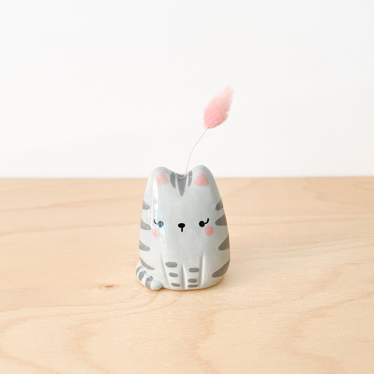 Grey Tabby Cat Mini Vase