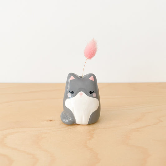 Grey Tuxedo Cat Mini Vase