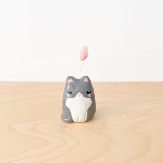Grey Tuxedo Cat Mini Vase