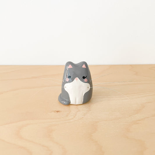 Grey Tuxedo Whisker Cat Mini Vase