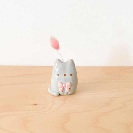 Grey Bow Cat Mini Vase