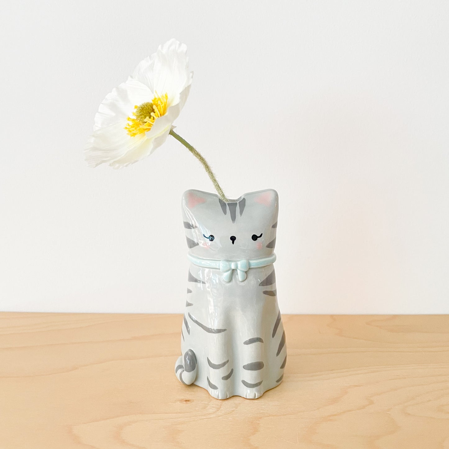 Grey Tabby Cat Vase - Blue Bow