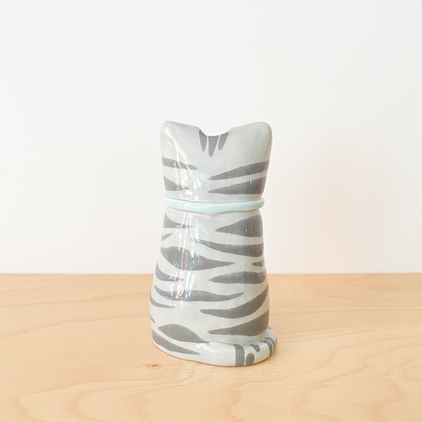 Grey Tabby Cat Vase - Blue Bow