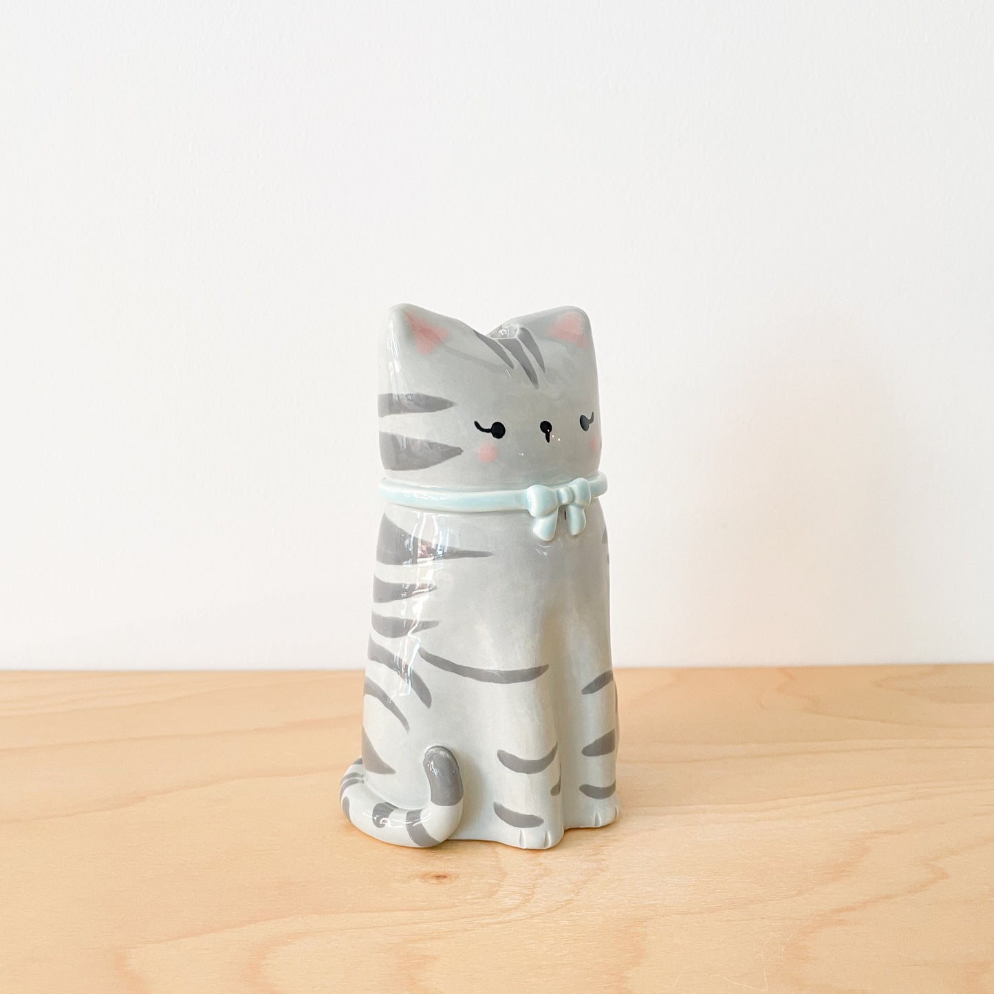 Grey Tabby Cat Vase - Blue Bow