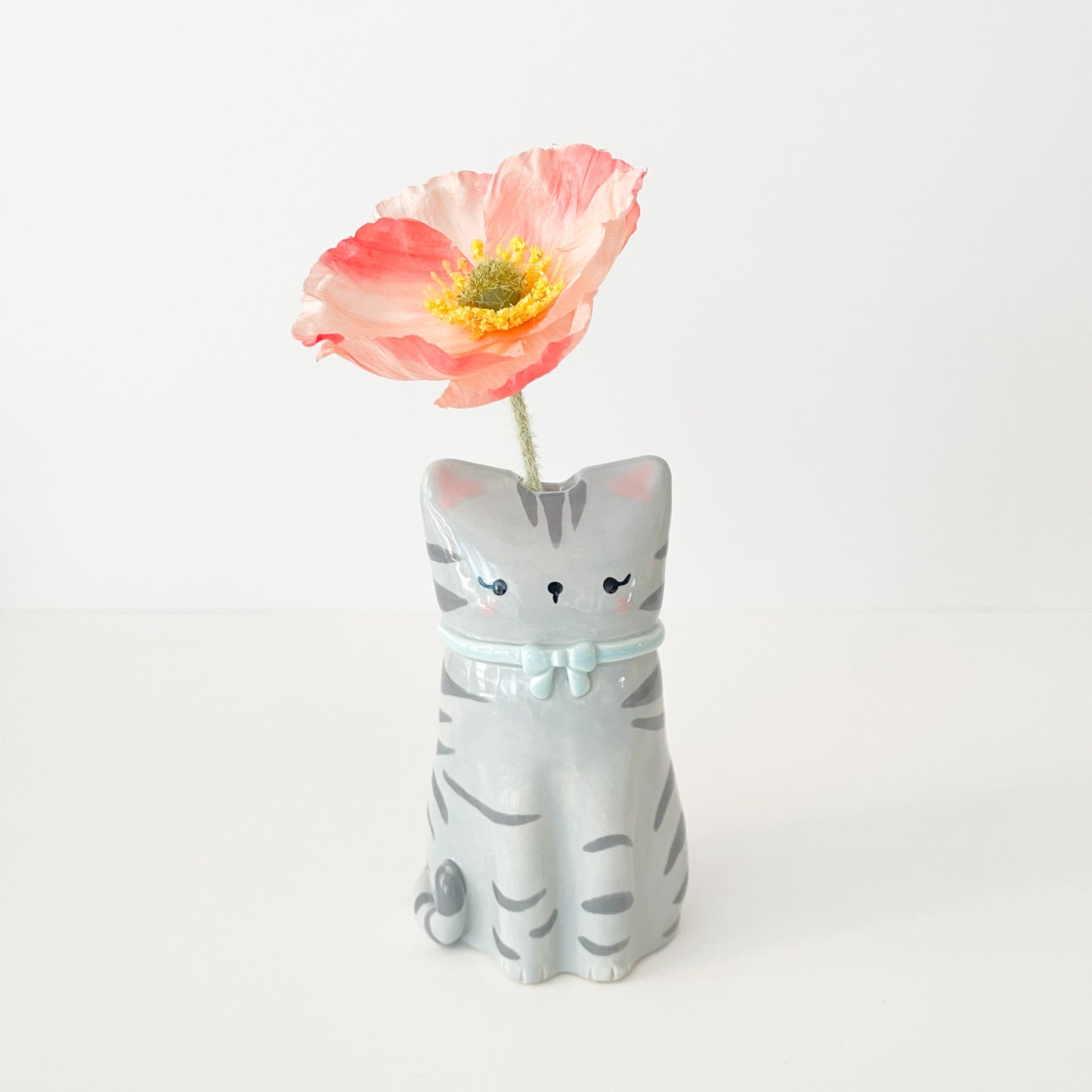 Grey Tabby Cat Vase - Blue Bow