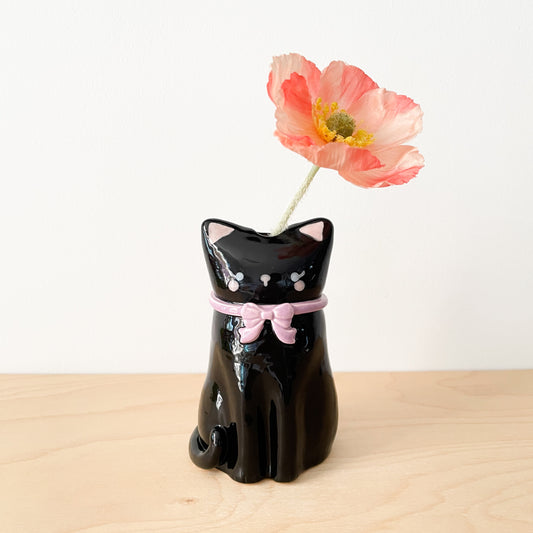 Black Cat Vase (Purple Bow)