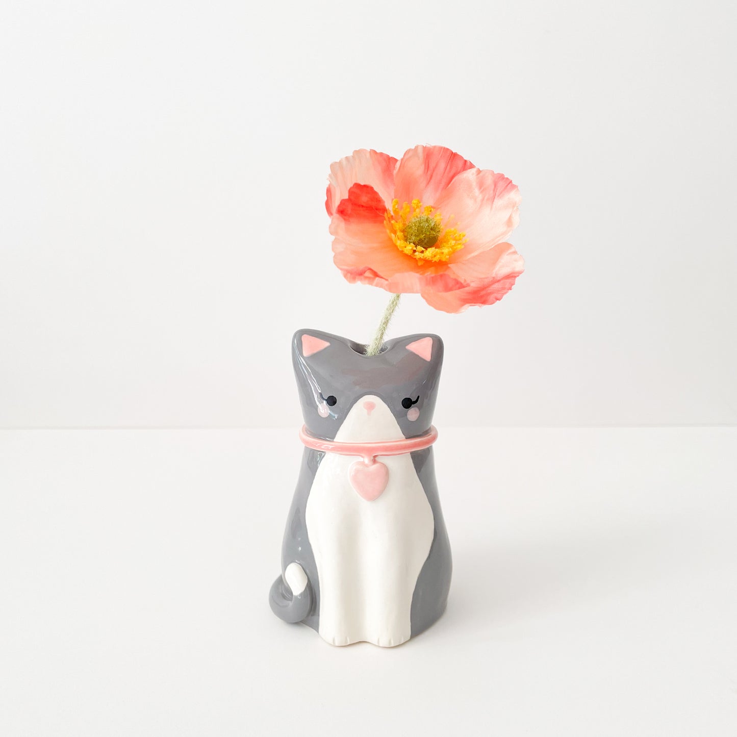 Grey Tuxedo Cat Vase