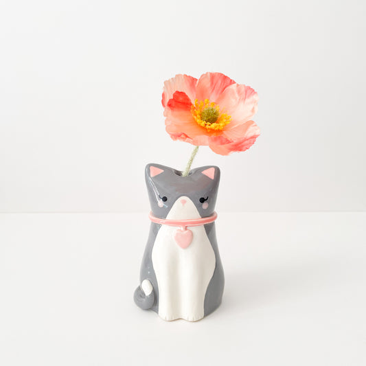 Grey Tuxedo Cat Vase