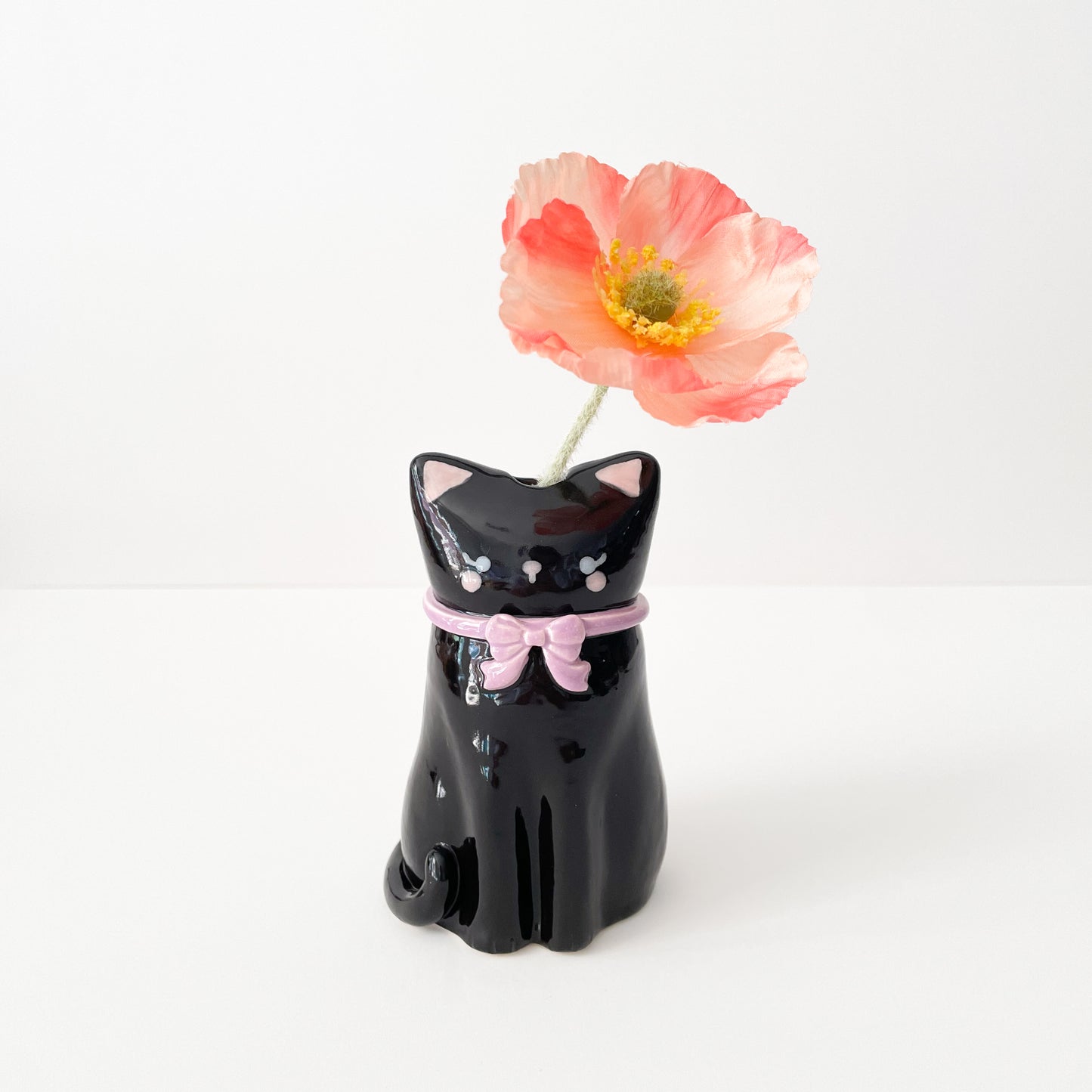 Black Cat Vase (Purple Bow)
