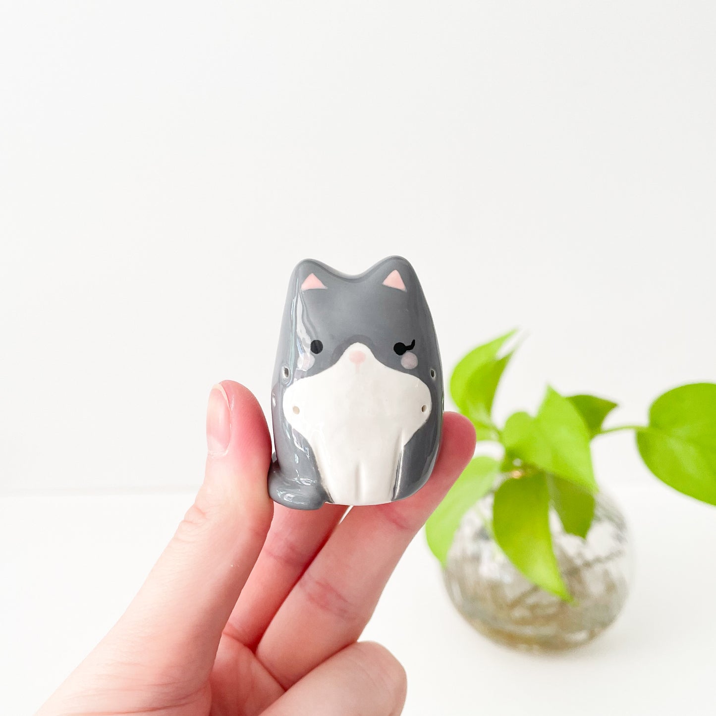 Grey Tuxedo Whisker Cat Mini Vase