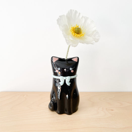 Black Cat Vase (Blue bow)